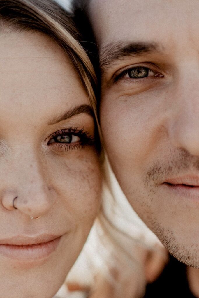 close up shot of couples eyes in sand dunes nevada by by katherine krakowski photography