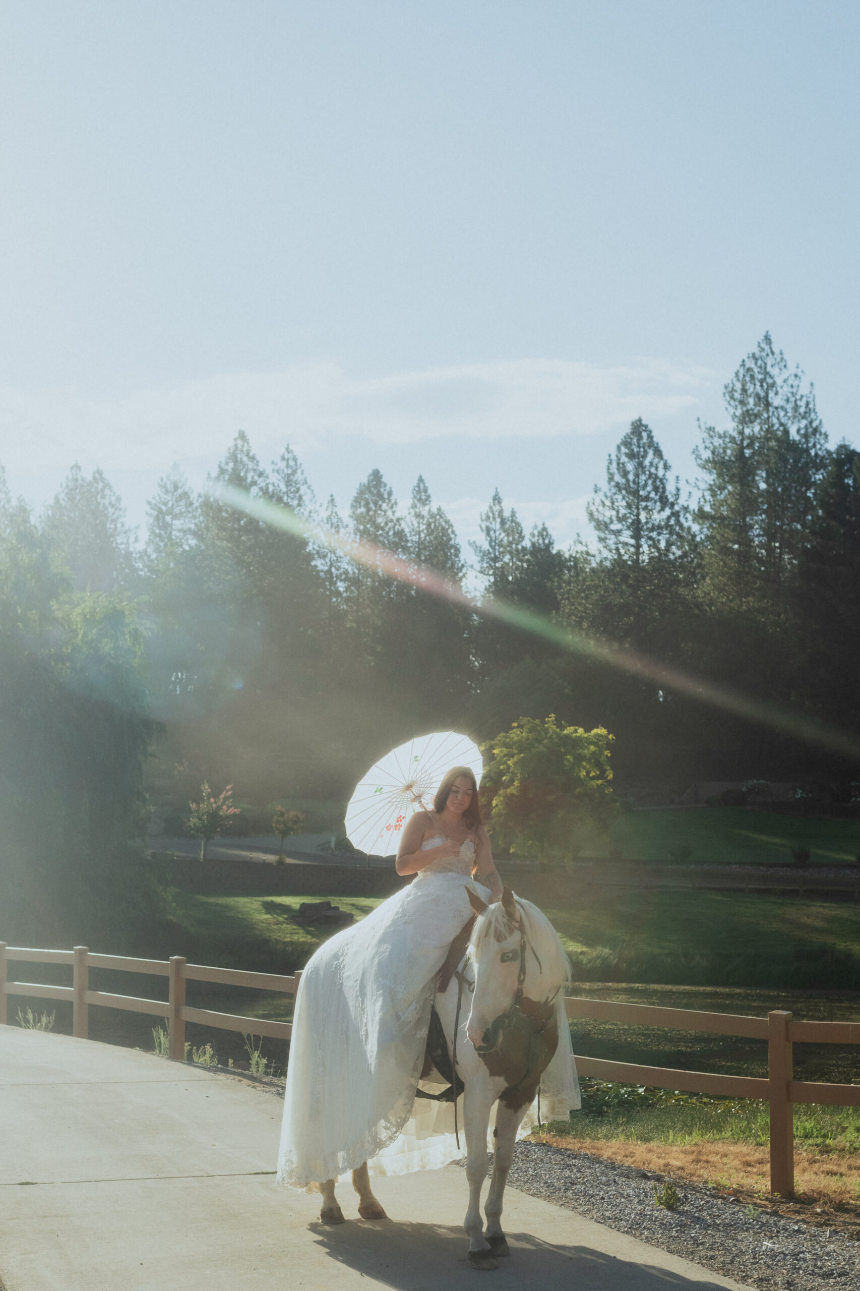 bride wearing wedding gown on white horse at vineyard in california holding a white sun umbrella in front of pond by katherine krakowski photography